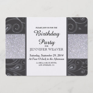 Black and Silver Glitter and Swirls Design Invitation