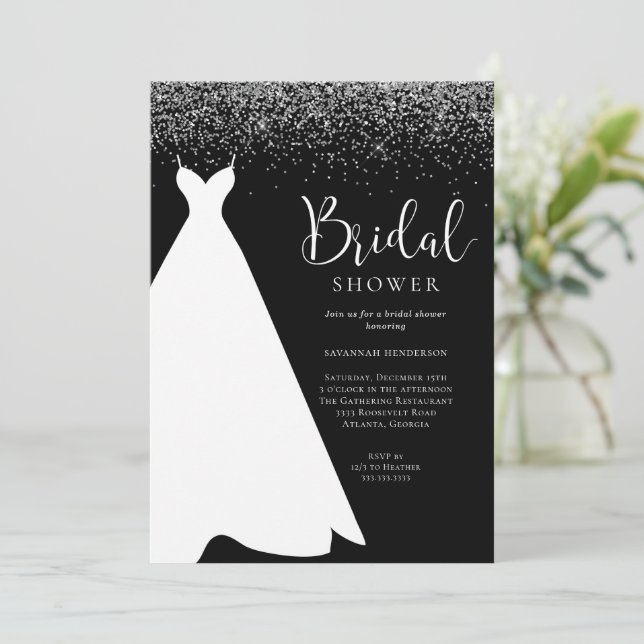 Black and Silver Glitter Bridal Shower Invitation (Standing Front)