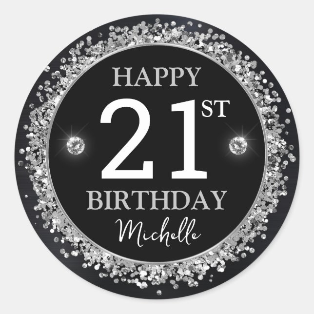 Black and Silver Glitter Confetti Birthday Classic Round Sticker (Front)