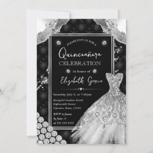 Black and Silver Glitter Dress Quinceanera Invitation