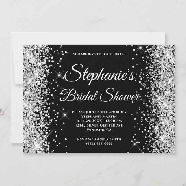 Black and Silver Glitter Fancy Monogram Invitation (Front)