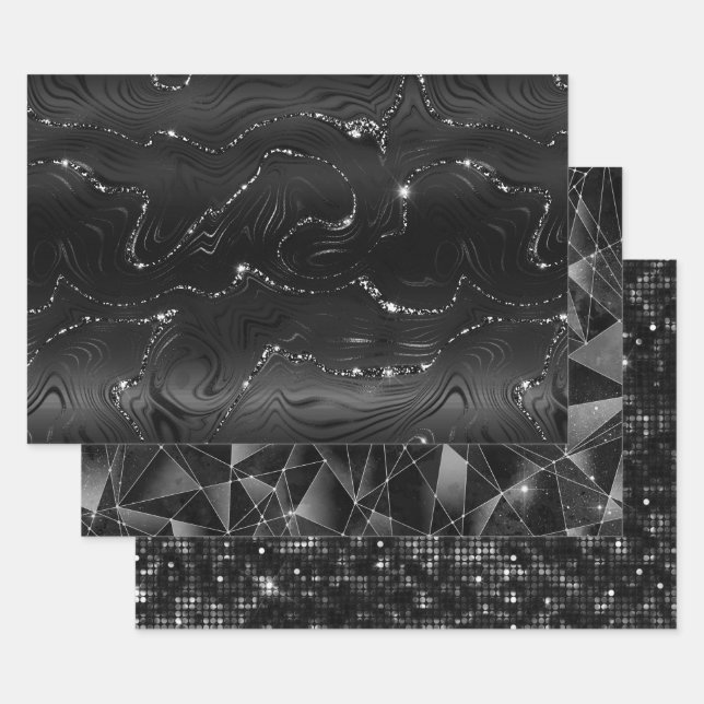 Black and Silver Glitter Geometric Patterns Wrapping Paper Sheet (Set)
