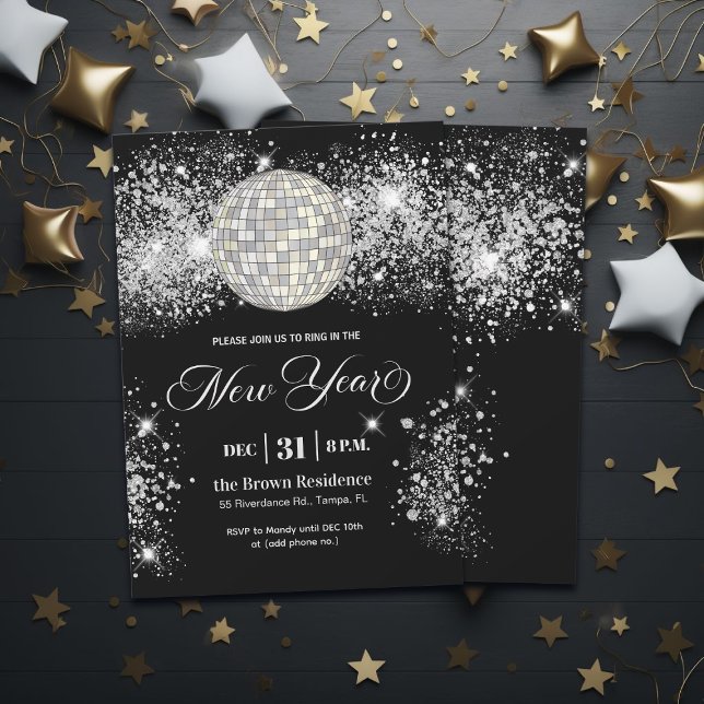 Black and Silver Glitter New Year's Eve Party  Invitation (Creator Uploaded)