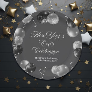 Black and Silver Glitter New Year's Eve Party Paper Plate