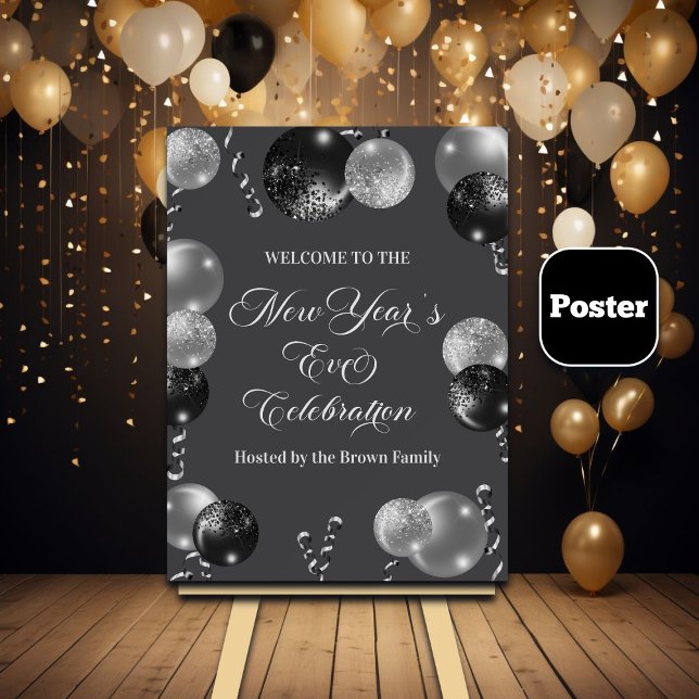 Black and Silver Glitter New Year's Eve Party  Poster (Creator Uploaded)