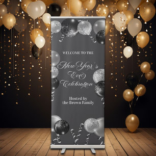 Black and Silver Glitter New Year's Eve Party Retractable Banner