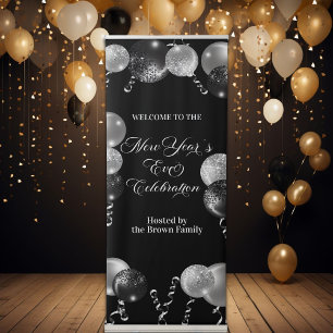Black and Silver Glitter New Year's Eve Party Retractable Banner