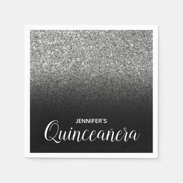 Black and Silver Glitter Ombre Quinceanera Napkin (Front)