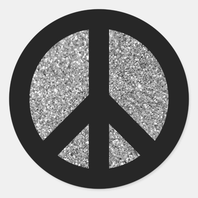 Black and Silver Glitter Photo Peace Symbol Classic Round Sticker (Front)