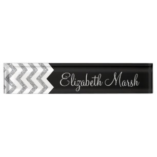 Black and Silver Glitter Print Chevron and Name Nameplate