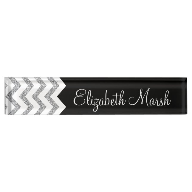 Black and Silver Glitter Print Chevron and Name Nameplate (Front)