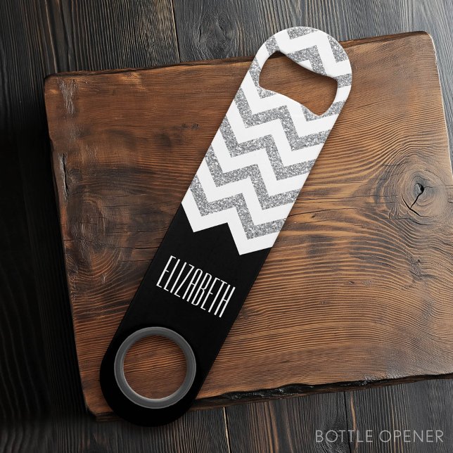 Black and Silver Glitter Print Chevrons and Name (Custom Monogram Bottle Opener)