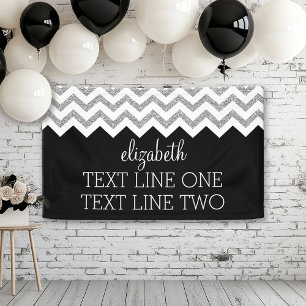 Black and Silver Glitter Print Chevrons and Name Banner