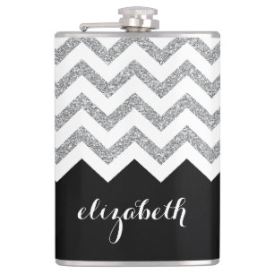 Black and Silver Glitter Print Chevrons and Name Hip Flask
