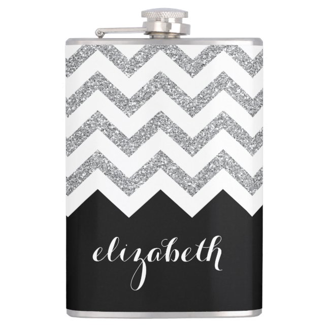 Black and Silver Glitter Print Chevrons and Name Hip Flask (Front)