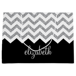 Black and Silver Glitter Print Chevrons and Name Large Gift Bag
