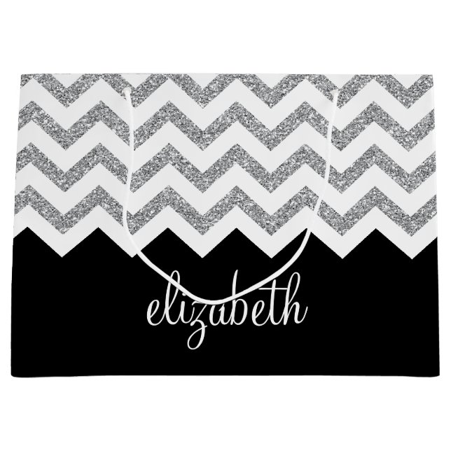 Black and Silver Glitter Print Chevrons and Name Large Gift Bag (Front)