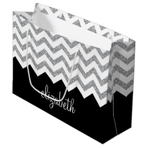 Black and Silver Glitter Print Chevrons and Name Large Gift Bag