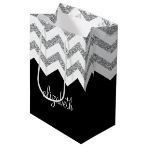 Black and Silver Glitter Print Chevrons and Name Medium Gift Bag