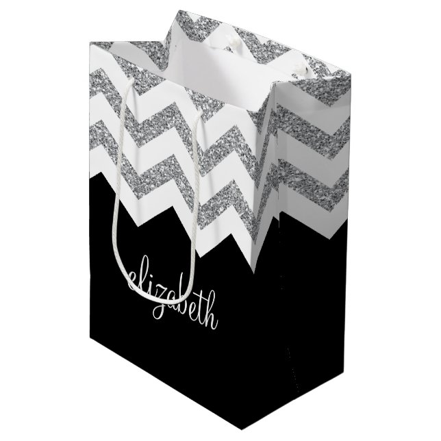 Black and Silver Glitter Print Chevrons and Name Medium Gift Bag (Front Angled)