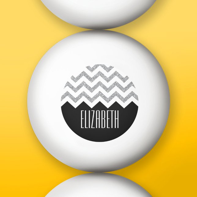 Black and Silver Glitter Print Chevrons and Name Ping Pong Ball (Custom Ping Pong Balls)