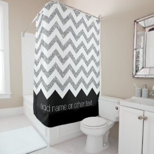 Black and Silver Glitter Print Chevrons and Name Shower Curtain