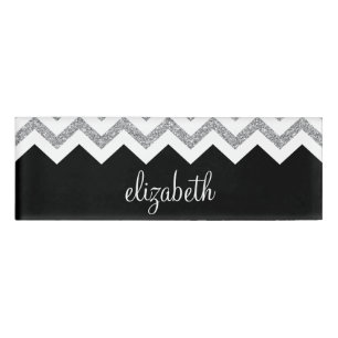 Black and Silver Glitter Print Chevrons and Name Tag