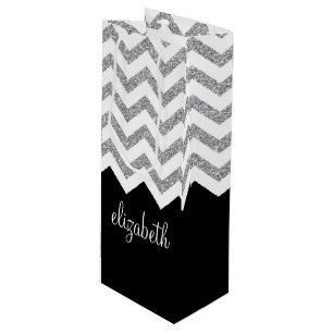 Black and Silver Glitter Print Chevrons and Name Wine Gift Bag