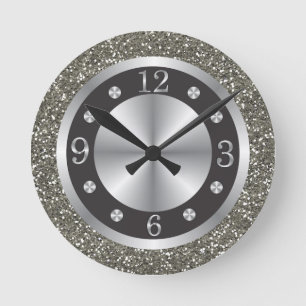 Black And Silver Glitter   Round Clock