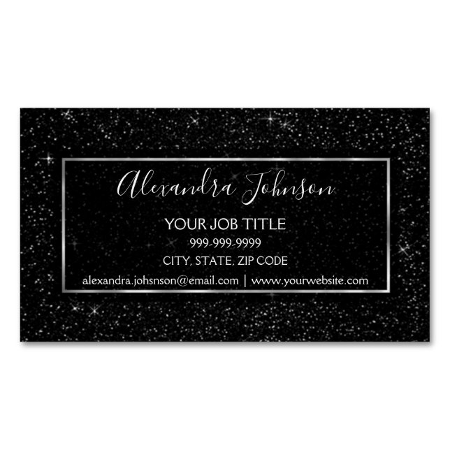 Black and Silver Glitter Sparkle Glitter Stars Magnetic Business Card (Front)