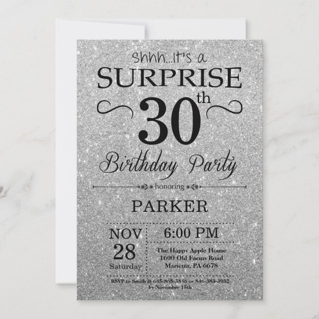 Black and Silver Glitter Surprise 30th Birthday Invitation (Front)