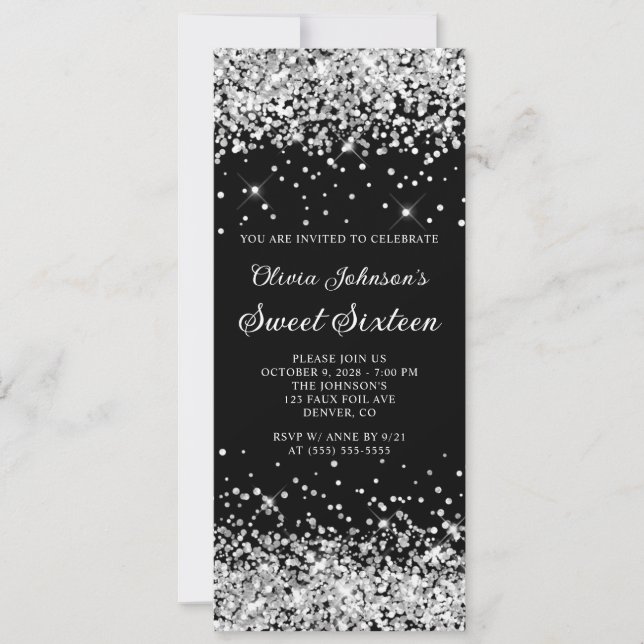 Black and Silver Glitter Sweet Sixteen Invitation (Front)