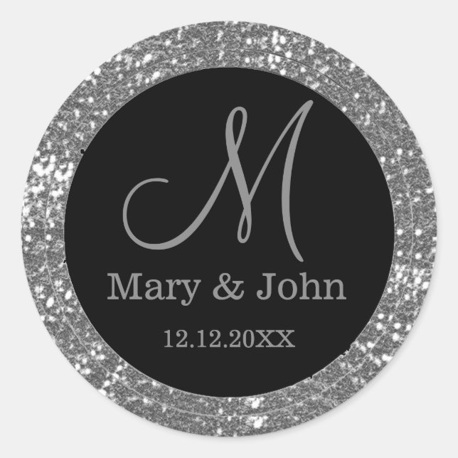 Black And Silver Glitter Wedding Monogram Classic Round Sticker (Front)