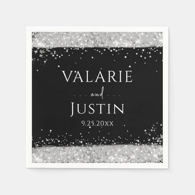 Black and Silver Glitter Wedding Napkin (Front)