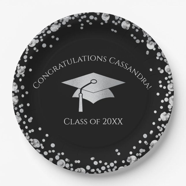 Black and Silver Graduation Paper Plate (Front)