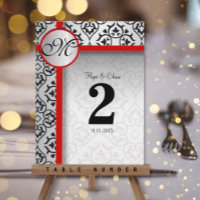 Black and Silver Gray Damask Red Trim Table Number