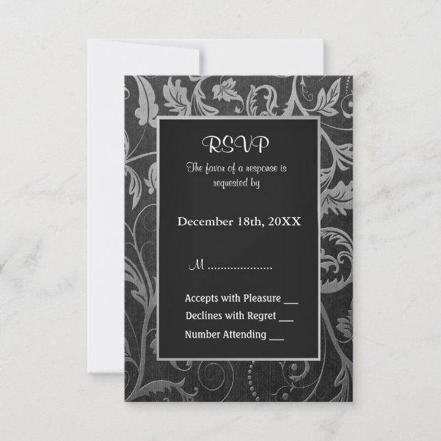 Black and Silver Grey Damask Wedding  - RSVP Card (Front)