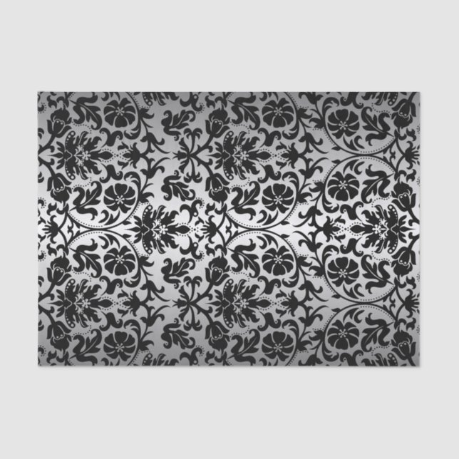 Black and Silver Grey Floral Damask Tissue Paper (Front)