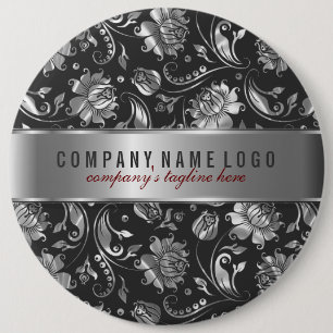 Black And Silver-Grey Floral Damasks 6 Cm Round Badge