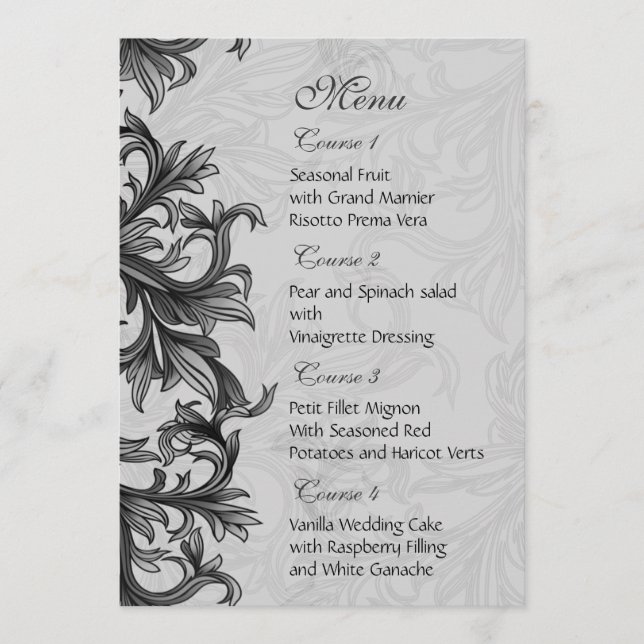 black and Silver Grey Flourish Wedding Menu (Front)