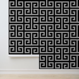 Black and Silver Grey Large Greek Key Wallpaper