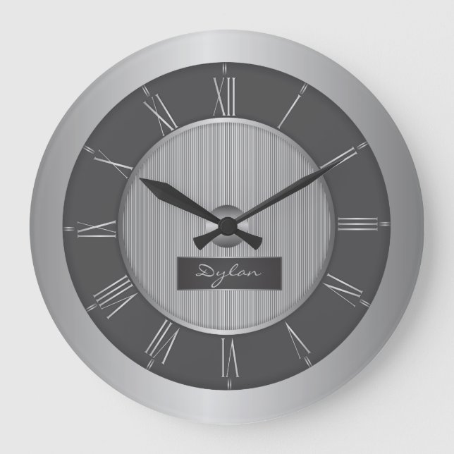 Black and silver grey steel large clock (Front)