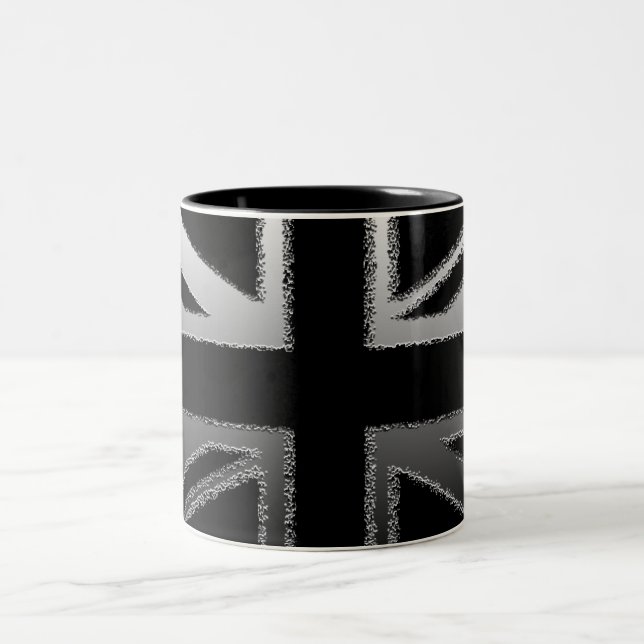Black and Silver Grey Union Jack Flag Two-Tone Coffee Mug (Center)