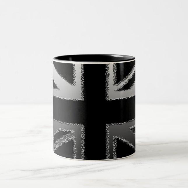 Black and Silver Grey Union jack Flag Two-Tone Coffee Mug (Center)
