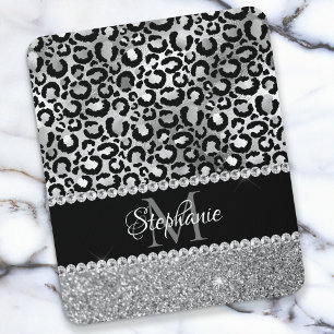 Black and Silver Leopard Girly Glam Monogram Mouse Mat