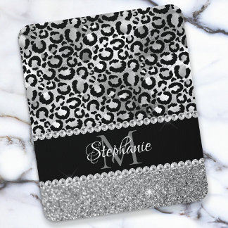 Black and Silver Leopard Girly Glam Monogram Mouse Mat