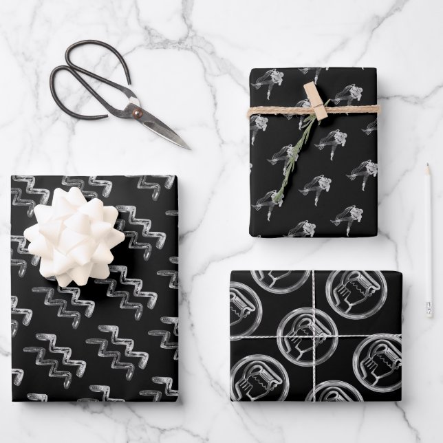 Black and Silver Look Horoscope Star Sign Aquarius Wrapping Paper Sheet (Front)
