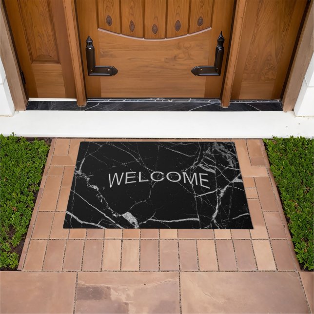 Black and Silver Marble Look Welcome Doormat (Outdoor)