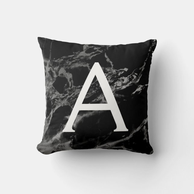 Black and Silver Marble Monogrammed Initial Cushion (Front)