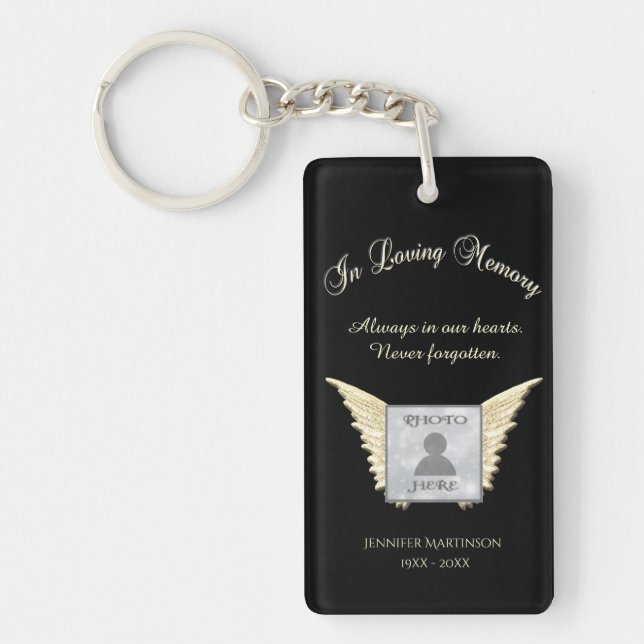 Black and Silver Memorial Angel Wings Add Photo Key Ring (Front)